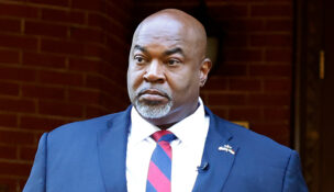 Mark Robinson, North Carolina’s lieutenant governor and a candidate for governor, arrives at the news conference Tuesday in Raleigh where he announced his lawsuit against CNN. (Associated Press)
